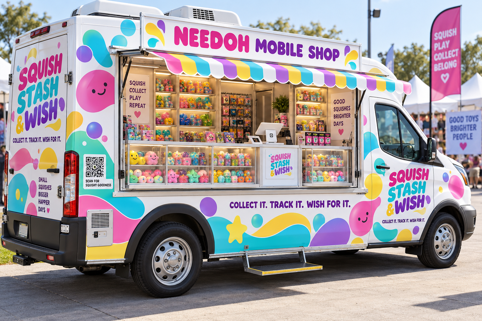 The colorful Squish Stash & Wish mobile shop van filled with squishy toys